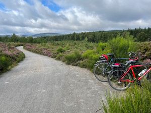 Two bikes parked along a well-maintained gravel path. Mounds of heather stretch as far as the eye can see.'