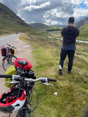 Looking back at the river winding between the hills near the bottom of the descent from Glenshee ski hill.